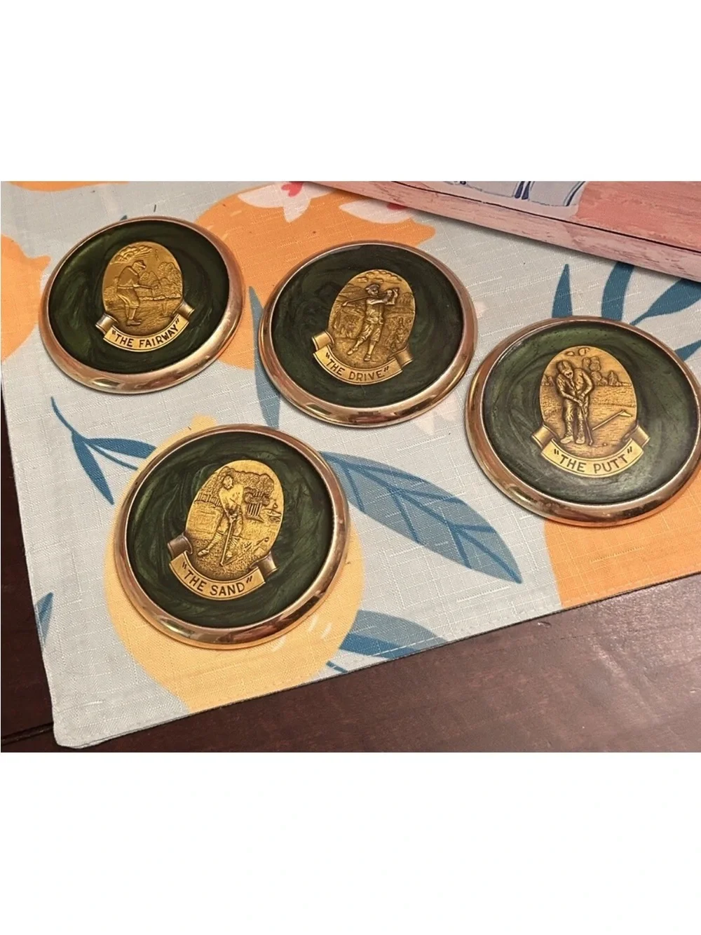 Golf Coasters Brass Medallion Set Heavy Green Marbled 4 Drive Fairway Sand Putt